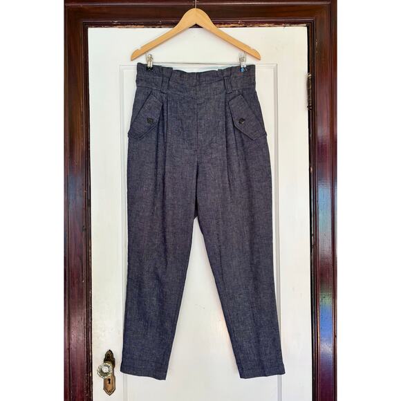 ALC Dark Blue Linen Cotton Denim Tailored Paper Bag Trousers- Size 10, Medium - Picture 3 of 7
